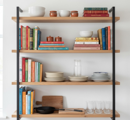 Kitchen Bookshelf Design Displaying Cookbooks and Dishware